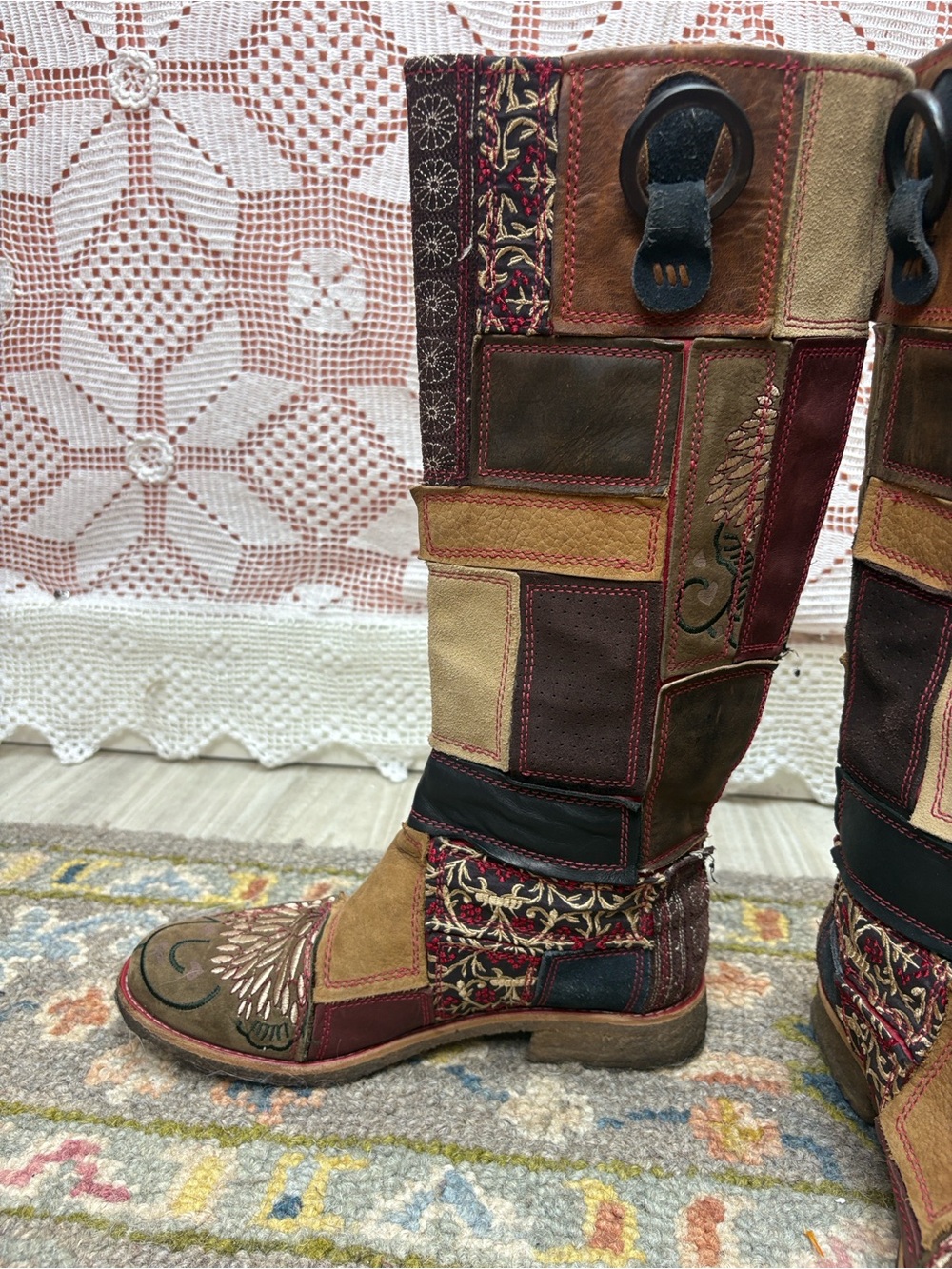 Timberland Limited Edition Patchwork Leather Boots Size 7M Y2K Boho - Picture 2 of 12